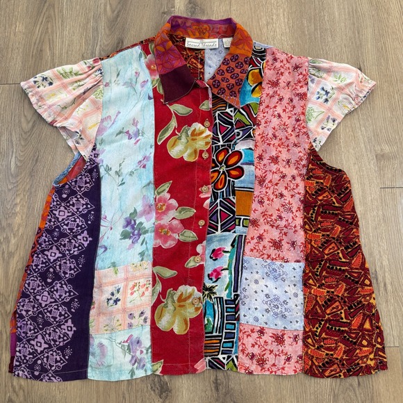 Vintage Sacred Threads Patchwork Boho Hippie Short Sleeve Collared Shirt Large - Picture 3 of 9